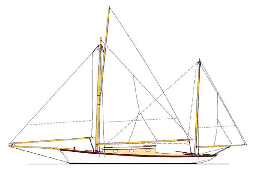 A detailed side‑view diagram of a two‑masted schooner showing hull and rigging.