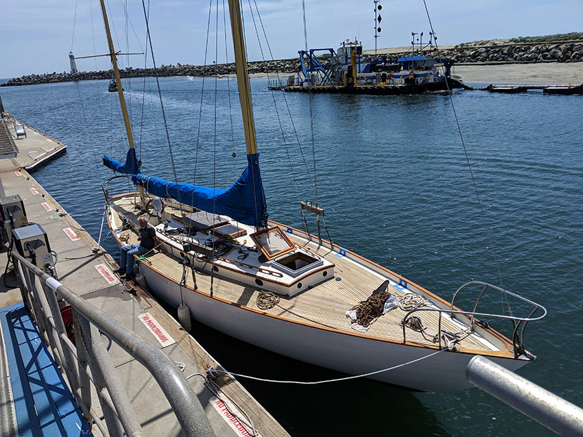 Top view of a classic wooden sailing yacht