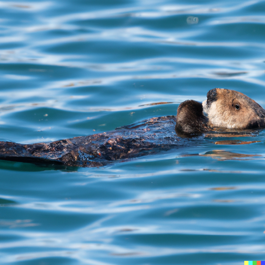 A sea otter floating on its back in calm blue water near Monterey Bay.